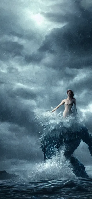 Image similar to giant creepy monster made of water, made of liquid, rising up from ocean, water armor, high detail, high contrast, close up portrait, studio lighting, stormy seas, beautiful, bokeh, snowy, storm clouds, god rays, d & d, fantasy, elegant, aquamarine color palette, concept art, roger deakins and greg rutkowski and alphonse mucha
