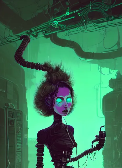 Image similar to highly detailed portrait of an moody wasteland punk long dripping green poison hair tribal lady, stray wiring by atey ghailan, james gilleard, by joe fenton, by greg rutkowski, by greg tocchini, by kaethe butcher, 4 k resolution, gradient purple, brown black and white color scheme!!! ( ( green flaming robotic sewer background ) )