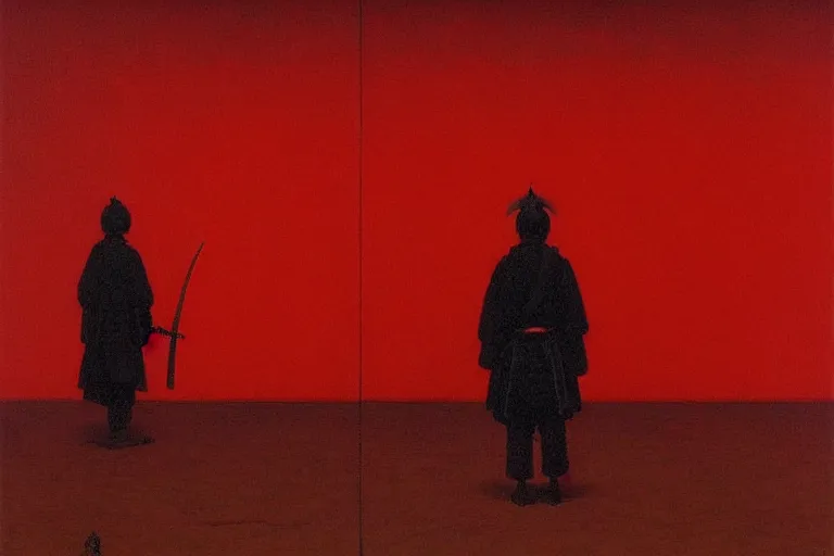 Image similar to only with red, a red samurai harakiri, tokio, a lot of frogs watch, in the style of beksinski, parts by edward hopper, parts by rodcenko, parts by yue minjun, intricate and epic composition, red by caravaggio, insanely quality, highly detailed, masterpiece, red light, artstation, 4 k