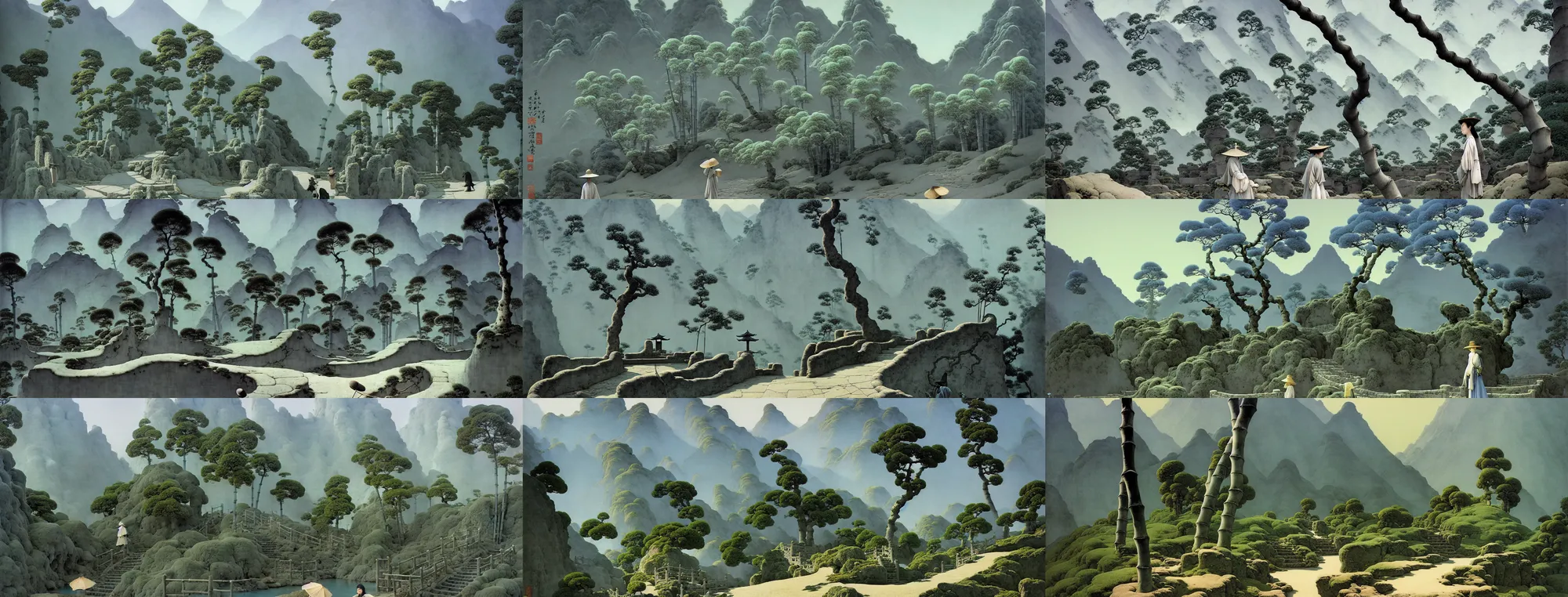 Prompt: a gorgeous bleak spring landscape painting by barlowe wayne maxfield parrish and marco mazzoni. tree no leaf!! china mountain village. grey blue and very little light verdancy. just one lonely chinese wuxia with bamboo hat. the winding stone steps. ultra clear detailed. 3 d, octane render. turbulent blood lake.