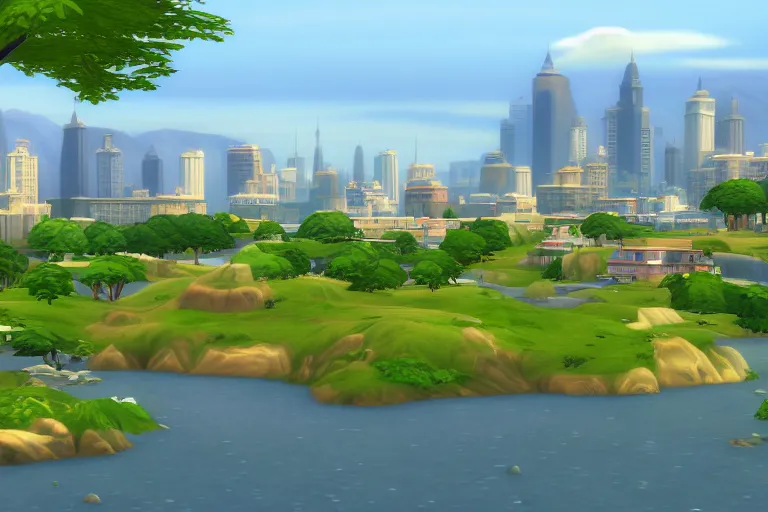 Image similar to serene landscape with a city on the Background in the style of Sims 4