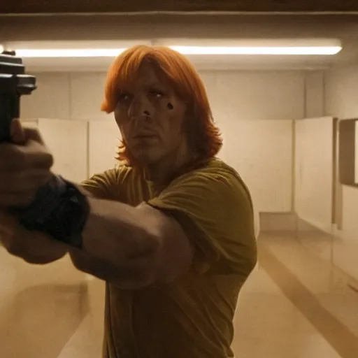 Image similar to scooby doo holding a gun, film still from the movie directed by denis villeneuve with art direction by bill ward, wide lens
