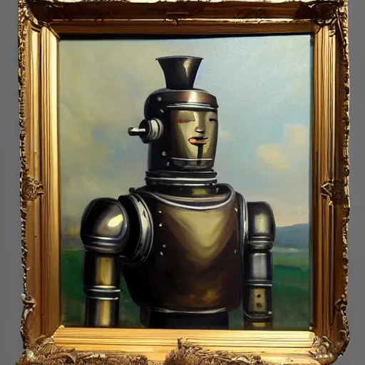 Image similar to oil painting portrait of a steel robot wearing 1 8 th century aristocratic clothing, elegant,