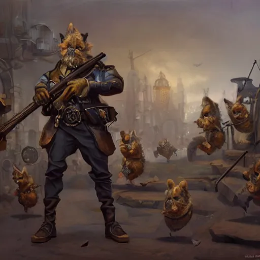 Image similar to oil painting of anthropomorphized hamster legion holding rifles, steampunk clothes, steampunk city background, sharp focus, fantasy style, octane render, volumetric lighting, 8k high definition, by greg rutkowski, highly detailed, trending on art Station, dungeons and dragons artwork, centered