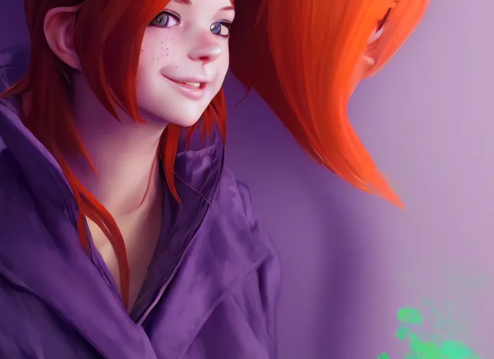Prompt: portrait of a beautiful smiling girl with orange hair and freckles, green eyes, highly detailed, digital painting, concept art, smooth, sharp, focus, background is purple, anime key visual, ilya kuvshinov, Ross Tran, artstation