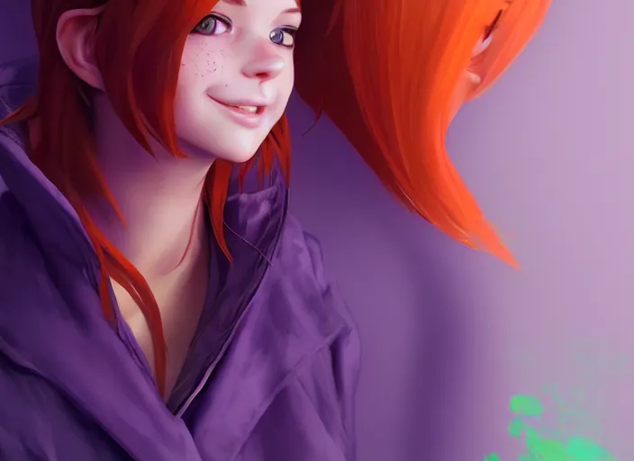 Image similar to portrait of a beautiful smiling girl with orange hair and freckles, green eyes, highly detailed, digital painting, concept art, smooth, sharp, focus, background is purple, anime key visual, ilya kuvshinov, Ross Tran, artstation