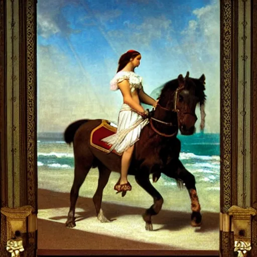 Image similar to Girl riding a horse leaving the palace through the bridge, thunderstorm, pool, beach and palm trees on the background major arcana sky, by paul delaroche, alphonse mucha and arnold böcklin arnold böcklin hyperrealistic 8k, very detailed