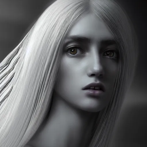 Image similar to A young beautiful female angelic-extraterrestrial-cyborg face with a very long neck, big detailed luminous eyes, thin nose, big lips, hair floating in the wind, Realistic, Refined, Digital Art, Pre-Raphaelite, Highly Detailed, Cinematic Lighting, rim light, dramatic, contrasted black and white, photo-realistic Unreal Engine, 8K