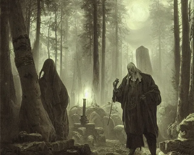 Prompt: portrait of a lovecraftian cultist next to an occult altar in a forest by andreas achenbach