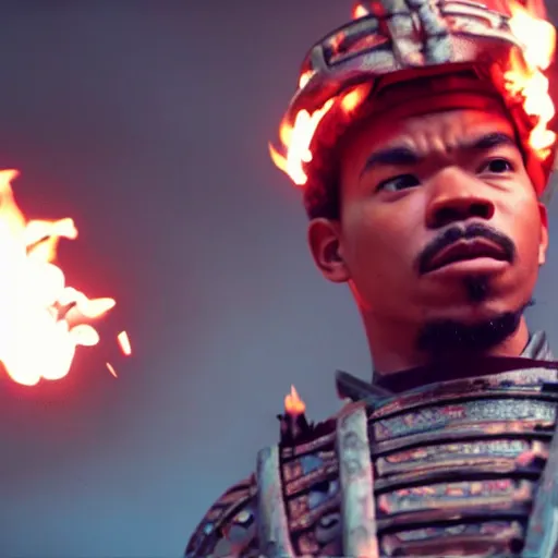 Image similar to cinematic film still of Chance The Rapper starring as a Samurai holding fire, Japanese CGI, VFX, 2022, 40mm lens, shallow depth of field, film photography