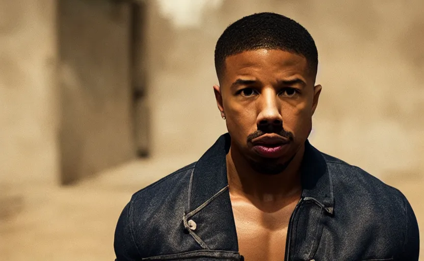 Image similar to Michael B. Jordan as Pop Smoke in 'WOO' (2024), movie still frame, oscar nominated cinematography, volumetric lighting, 8k resolution, beautiful composition