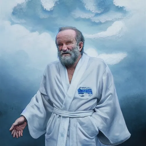 Image similar to robin williams talking with george carlin in heaven, white beard, blue eyes, white robe, clouds, heaven, intricate, detailed, volumetric lighting, scenery, digital painting, highly detailed, artstation, sharp focus, illustration, concept art, ruan jia, steve mccurry