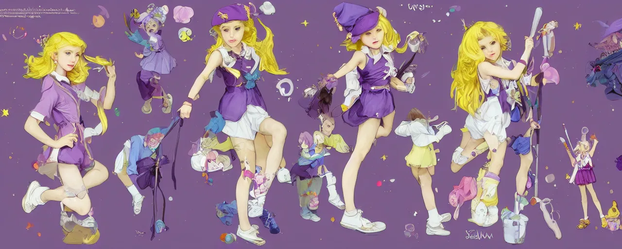 Prompt: A character sheet of a cute magical girl with short blond hair and freckles wearing an oversized purple Beret, Purple overall shorts, Short Puffy pants, pointy jester shoes, a big yellow scarf, and white leggings. Rainbow accessories all over. By Seb McKinnon. By WLOP. By Artgerm. By william-adolphe bouguereau. By Alphonse Mucha. By Frederic Leighton. Decora Fashion. harajuku street fashion. Kawaii Design. Intricate. Highly Detailed. Digital Art. Fantasy. CGSociety. Sunlit. 4K. UHD.