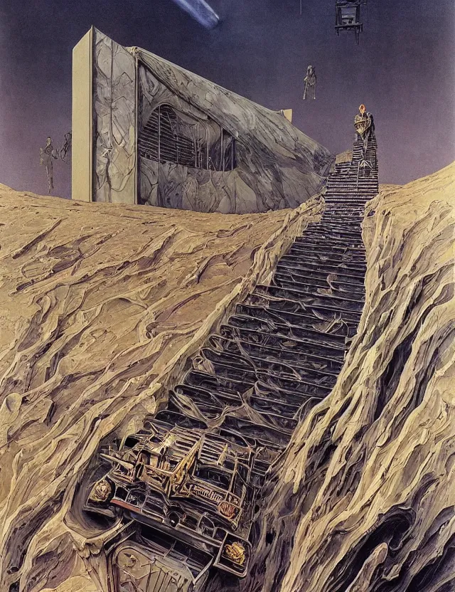 Image similar to huge gothic crematorium on desert planet, elevator, side ramp entrance ambulance smoke dead bodies, guards intricate, painting by lucian freud and mark brooks, bruce pennington, dark colors, neon, death, guards, nice style culture