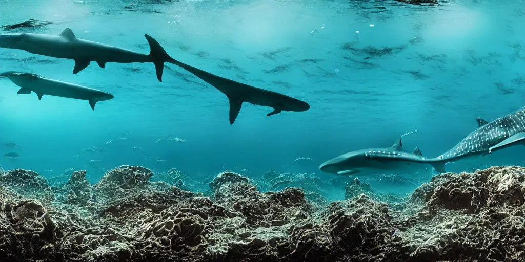 Image similar to hyperrealistic underwater photography, panoramic picture of an ocean floor with in the distance are some whale sharks. focus on the sharks. the sharks are anatomically correct and highly detailed. lots of bubbles. seaweed and some rocks. gloomy scattered light entering from the water surface, trending on artstation, hq, 4 k