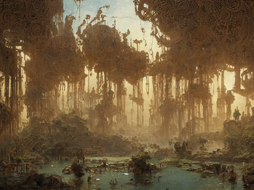 Image similar to detailed painting of a multiverse gateway in ancient mesopotamia in the middle of a sulphur lake, filigree ornaments, andreas achenbach, simon stalenhag