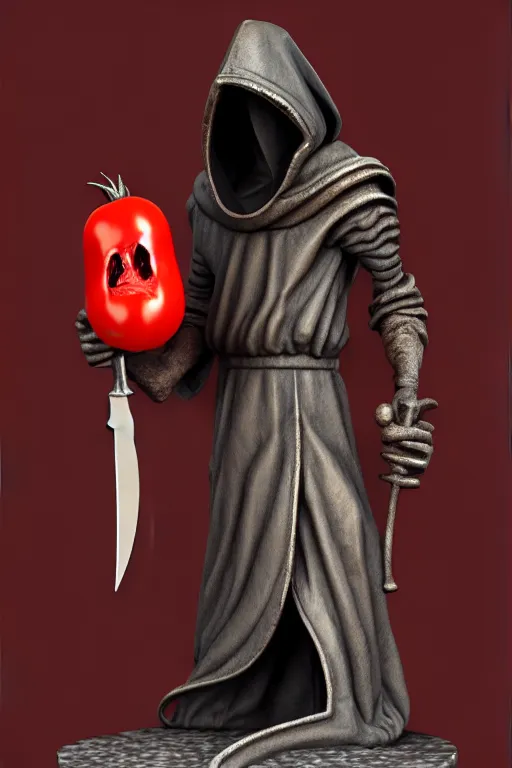 Prompt: a statue of a hooded cultist is holding a bloody knife in one hand and a tomato on the other, by patrick mcenvoy and michael komarck and fantasy flight, incredible quality, trending on artstation