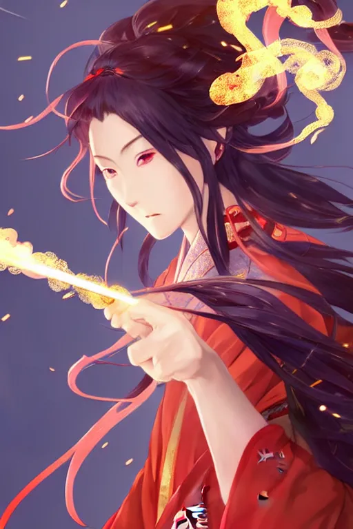 Prompt: beautiful attrative face female kimono gunslinger with fire sparkling and smoke around her, light flowing hair, anime key visual, absurdly beautiful, highly detailed, sharp focus, concept art, granblue fantasy, anime by serafleur / d pin / rongzhen luo / mingdosa / ruan jia / gemi ningen