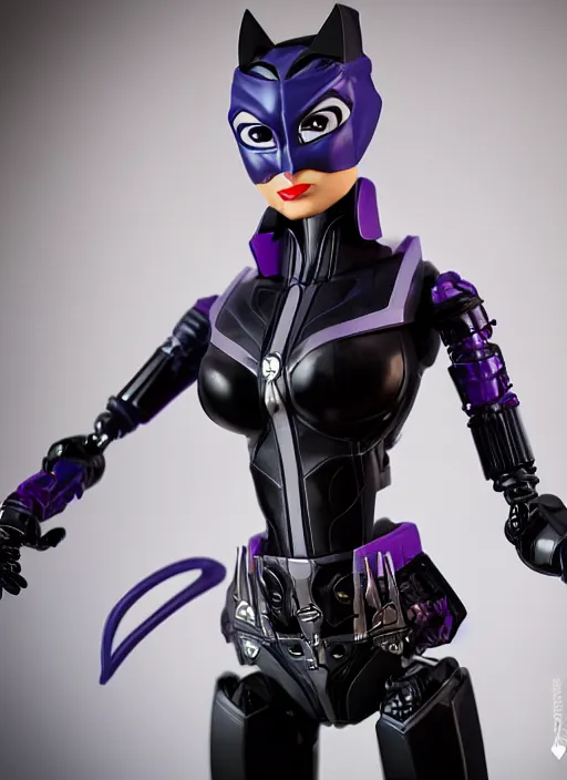 Prompt: Transformers Autobot Catwoman action figure from Transformers: Robots in Disguise (2015), symmetrical details, by Hasbro, Takaratomy, tfwiki.net photography, product photography, official media