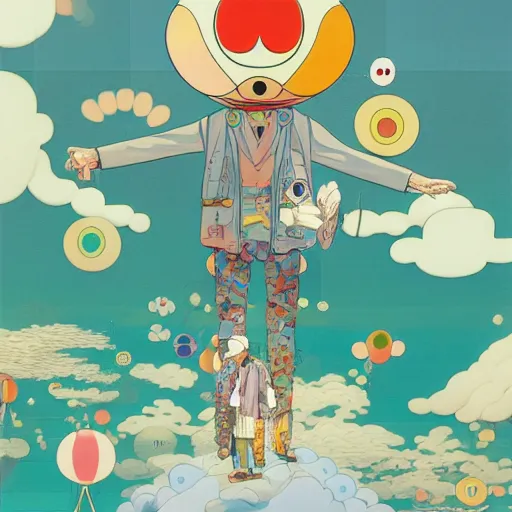 Image similar to a man walking on clouds away from the camera above kyoto by takashi murakami, beeple and james jean, aya takano color style, 4 k, super detailed, modern, 4 k, symmetrical