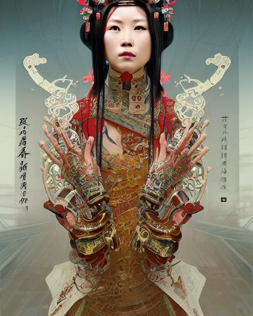 Image similar to portrait of a chinese masculine female cyberpunk machine, machine face, upper half portrait, decorated with chinese opera motifs, muscular, asian, fine china, wuxia, traditional chinese art, intricate intense elegant, highly detailed symmetry headpiece digital painting artstation concept art smooth sharp focus illustration, art by artgerm and greg rutkowski alphonse mucha 8 k