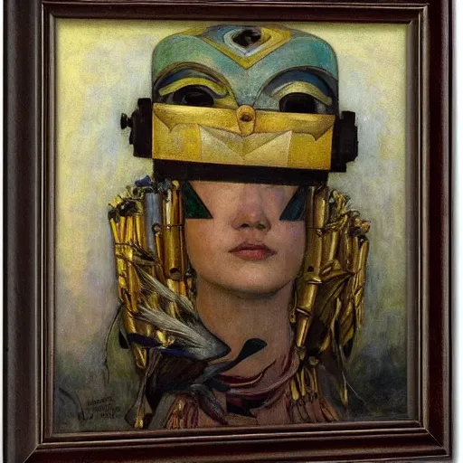 Prompt: the young robot queen with her feathered bird mask, by annie swynnerton and diego rivera and elihu vedder, symbolist, dramatic lighting, elaborate geometric ornament, head and shoulders view, art brut, soft cool colors, smooth, sharp focus, extremely detailed, adolf wolfli and donato giancola