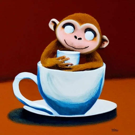 Prompt: tiny monkey living in a coffee cup, photorealistic
