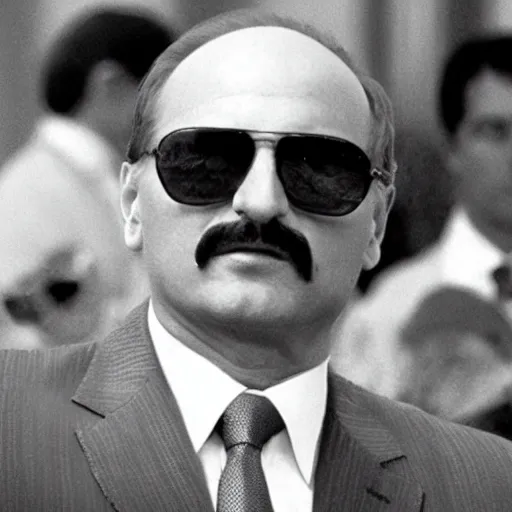 Image similar to Alexander Lukashenko in Scarface, cinematic still