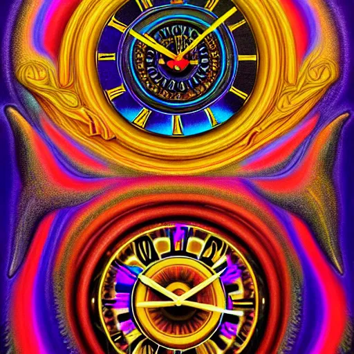 Prompt: An extremely psychedelic portrait of a clock, surreal, LSD, face, detailed, intricate, elegant, lithe, highly detailed, digital painting, artstation, concept art, smooth, sharp focus, illustration