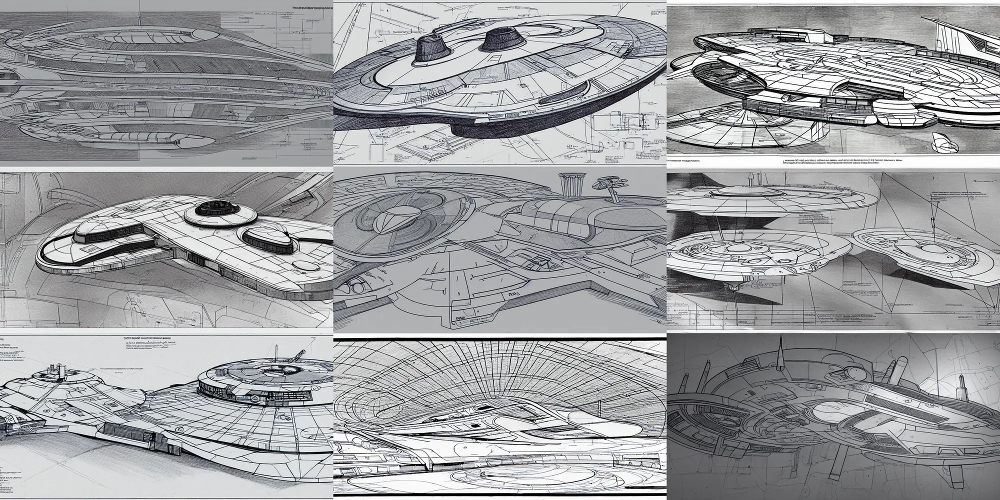 Prompt: the starship enterprise technical documents, line drawing, ship design