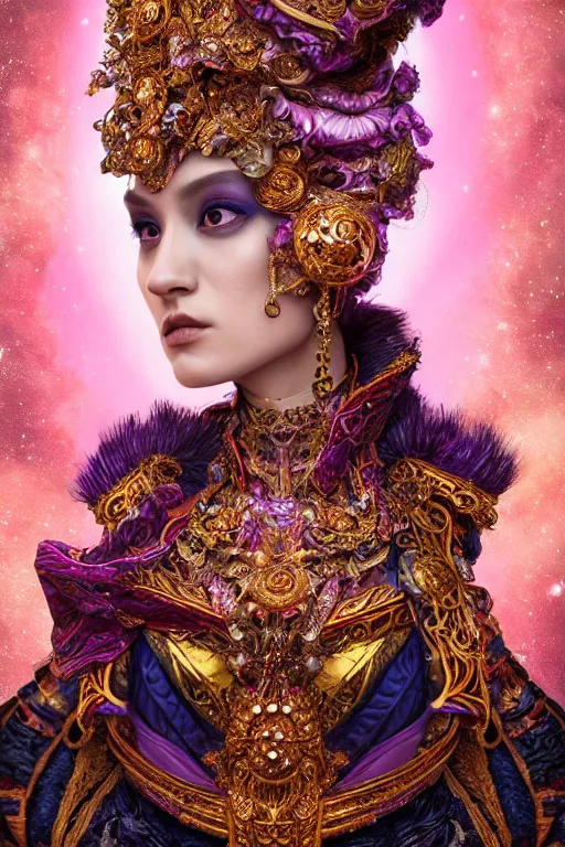 Image similar to a beautiful empress portrait, with a brilliant, impossible striking big cosmic galaxy headpiece, clothes entirely made out of cosmos chaos energy, symmetrical, dramatic studio lighting, rococo, baroque, jewels, asian, hyperrealism, closeup, D&D, fantasy, intricate, elegant, highly detailed, digital painting, artstation, octane render, 8k, concept art, matte, sharp focus, illustration, art by Artgerm and Greg Rutkowski and Alphonse Mucha