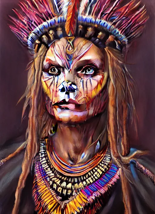 Image similar to portrait of michelle pfeiffer, hyper detailed ultra sharp aztec shaman warrior. trending on artstation, warpaint aesthetic, bloodwave, colorful, psychedelic, ornate, intricate, digital painting, concept art, smooth, sharp focus, illustration, art by artgerm and greg rutkowski and h. r. giger, 8 k