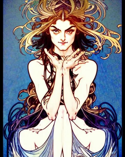 Image similar to in the style of artgerm, arthur rackham, alphonse mucha, phoebe tonkin, symmetrical eyes, symmetrical face, flowing blue skirt, full entire body, hair blowing, intricate filagree, hidden hands, warm colors, cool offset colors