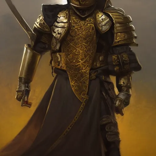 Image similar to Medium shot young idealistic and pious homely male Imperial soldier wearing a {black and yellow tabard} over a brown gambeson and a {realistic steel helm!!!!!}, by Raymond Swanland Greg Rutkowski Lise Deharm, {perfect face}, {perfect eyes}, {uncertain look}, {on edge}