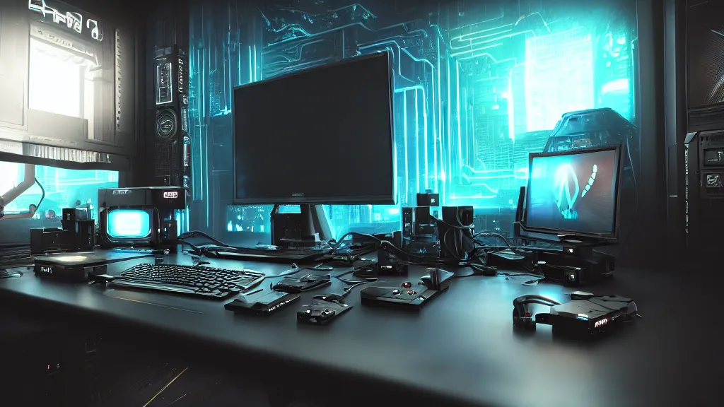 Image similar to a cyberpunk overpowered computer. Overclocking, watercooling, custom computer, cyber, mat black metal, alienware, futuristic design, desktop computer, desk, home office, whole room, minimalist, Beautiful dramatic dark moody tones and lighting, Ultra realistic details, cinematic atmosphere, studio lighting, shadows, dark background, dimmed lights, industrial architecture, Octane render, realistic 3D, photorealistic rendering, 8K, 4K, computer setup, highly detailed