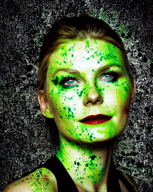 Image similar to photorealistic portrait headshot photos of kirsten dunst with bright green paint splattered across her face. photoshoot in the style of annie leibovitz, photorealistic, bokeh