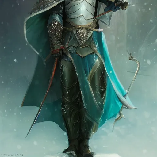 Image similar to half length portrait of a handsome male snow elf in a turquoise cape and silver ornate armour as an archer, albino skin, winter vibes, perfect face, elegant, very coherent symmetrical artwork, atmospheric lighting, rule of thirds, by wenjun lin, krenz cushart, charlie bowater, trending on artstation