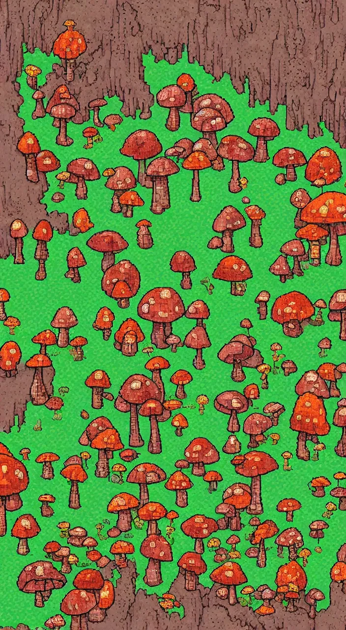 Prompt: a fantasy world with big mushrooms in pixelart style