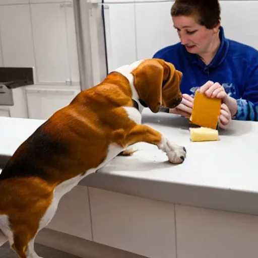 Prompt: a beagle stealing cheese from the counter.