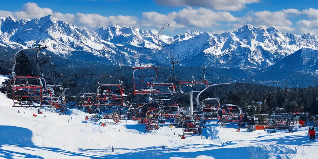 Image similar to ski lifts, mountains and ski resort at background, clear weather, artistic style, 8 k