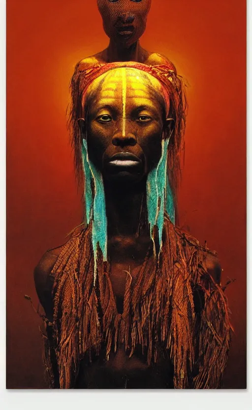 Image similar to portrait of african tribal chief, symmetrical, dramatic lighting, colourful, art by zdzislaw beksinski,