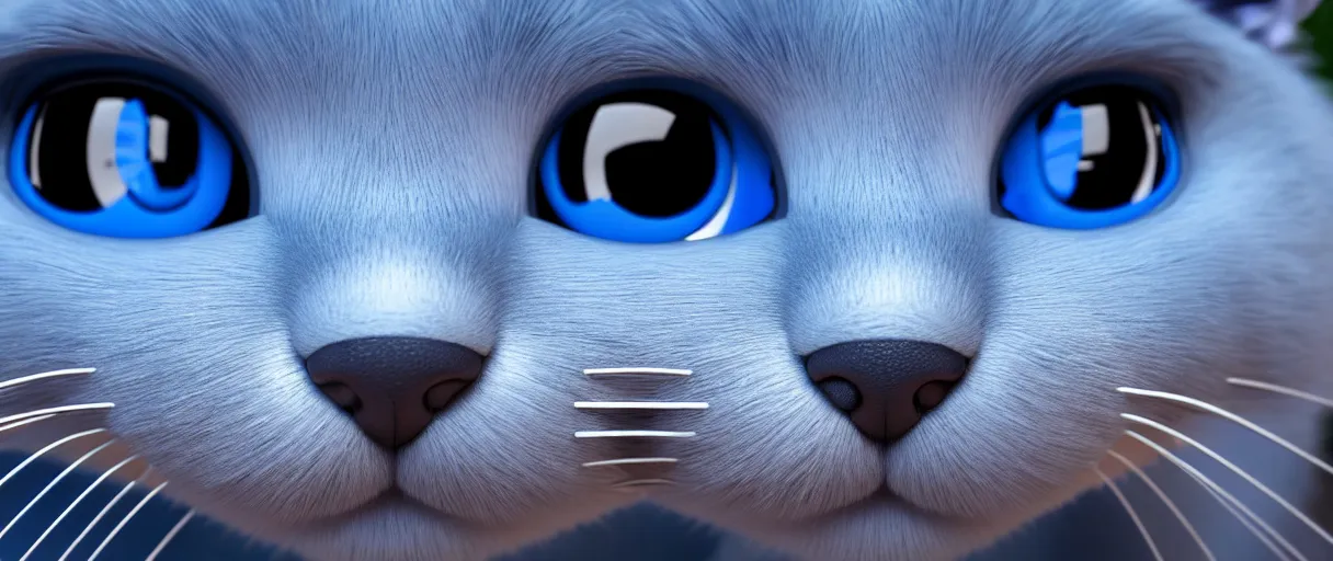 Image similar to hyperrealistic detailed close-up 3d render of a sad cute blue cat with round puppy eyes sharp cinematic lighting vray 8k low angle shallow depth of field