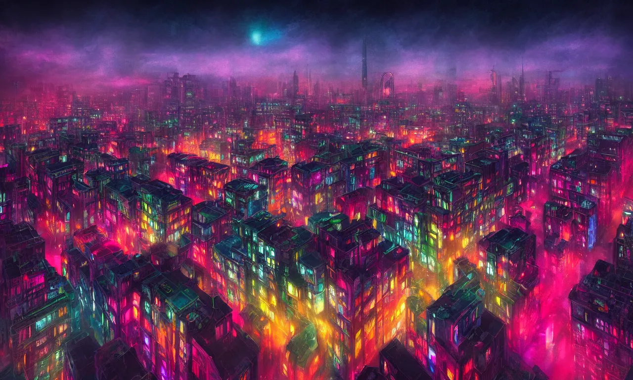 Prompt: drone view colorful photograph of a futuristic city, science fiction, night lights, beautifully lit buildings, mystic hues, distant, sharp focus, volumetric lights, digital art, RTX, hyperrealistic, cinematic, acid pixie, by lee madgwick