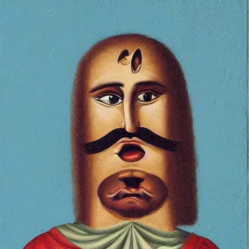 Image similar to portrait of ancient silly greek man with big eyes and sharp nose and open mouth. fine detail. artistic painting by lurid