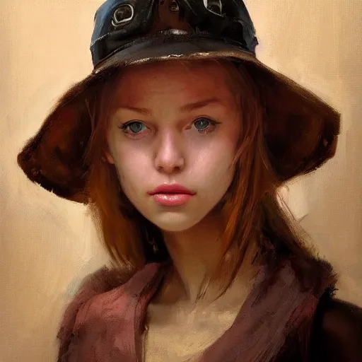 Prompt: A portrait of a sincere-looking girl, oil on canvas, wearing a hat made by wires ,masterpiece, hi-fructose, artgerm , Norman rockwell, craig mullins, n, trending on pxiv, highly detailed face, clear eyes concept art, hdri, 4k-