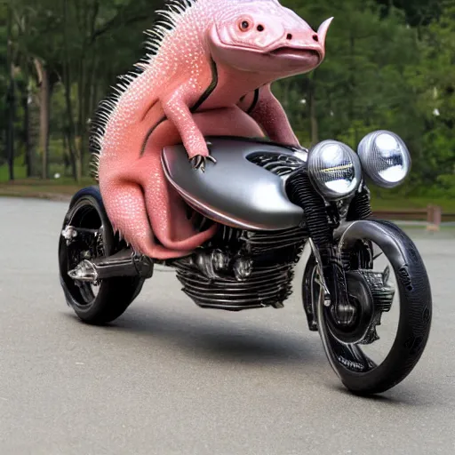 Image similar to giant axolotl riding a futuristic motorcycle, highly detailed, photograph