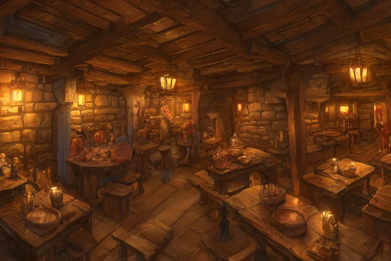 Prompt: a digital painting of an isometric wooden medieval tavern interior by justin gerard, paul bonner, rpg game environment, highly detailed, volumetric lighting, digital art, isometric, artstation hd