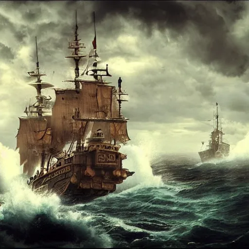 Prompt: steampunk pirate ships on a stormy sea highly detailed, dramatic lighting, cinematic, 4k