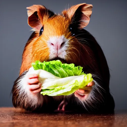 Prompt: a guinea pig looking excited with a lettuce pizza in front of them