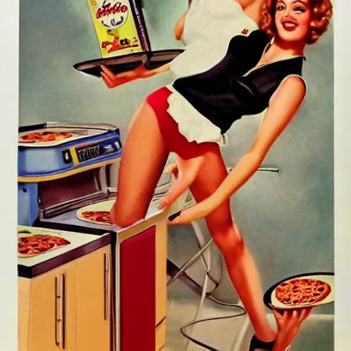 Prompt: 1980s pizza makers, by vintage pin-up artist Gil Elvgren